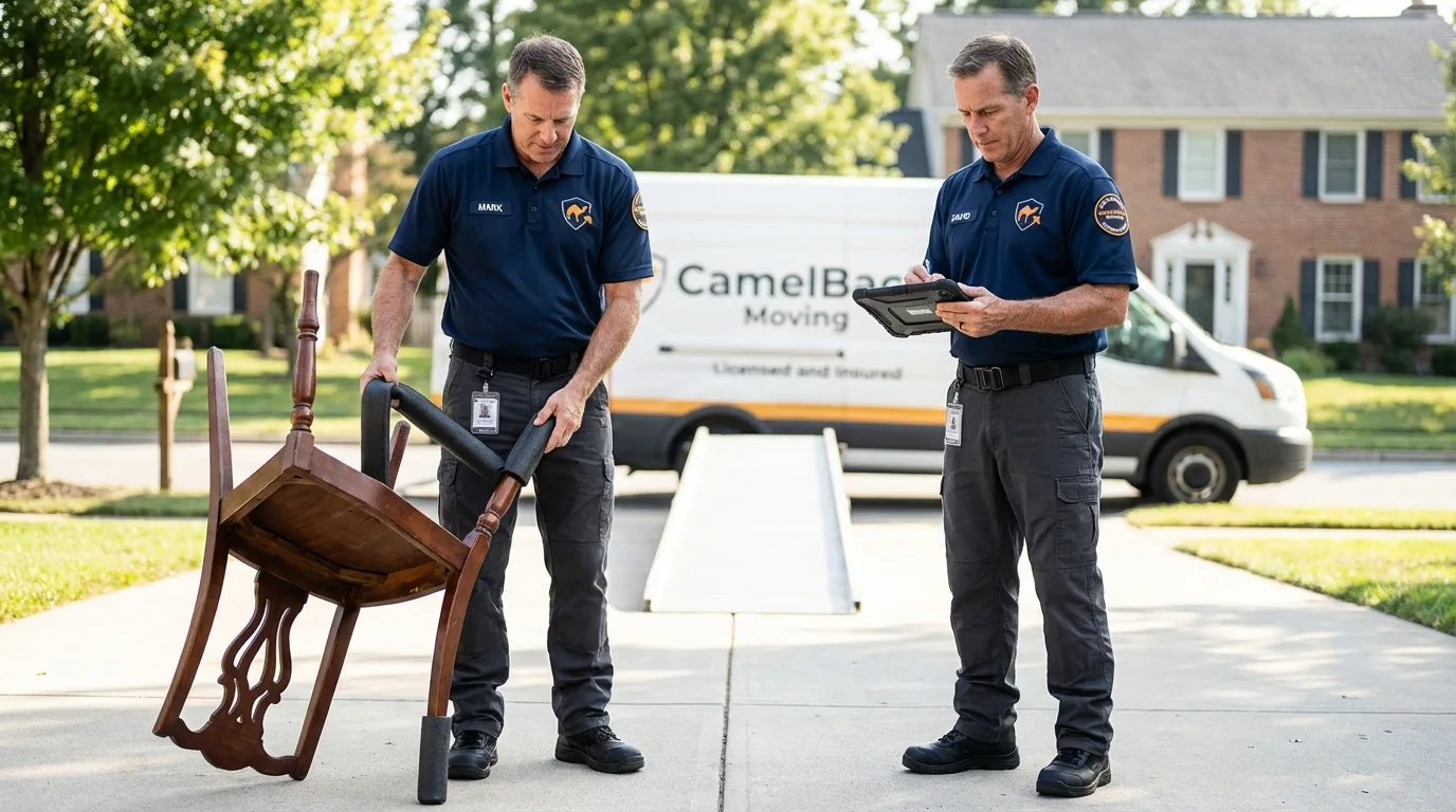 Movers inspecting furniture for damage prevention before loading in Lenox, MA